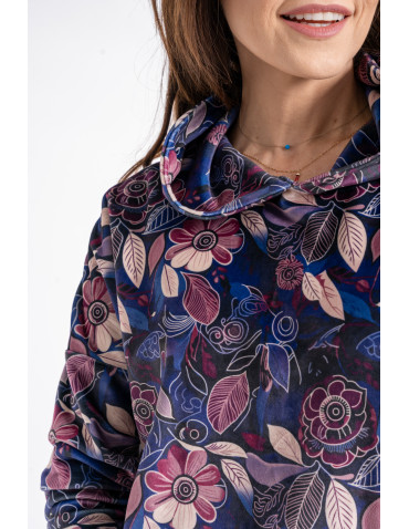 Bluzy - Damska bluza welurowa z kapturem i kieszenią kangurka WZÓR - produkt 3