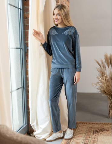 Bluzy - Bluza damska welurowa bez kaptura z haftem GRAFITOWY - produkt 11