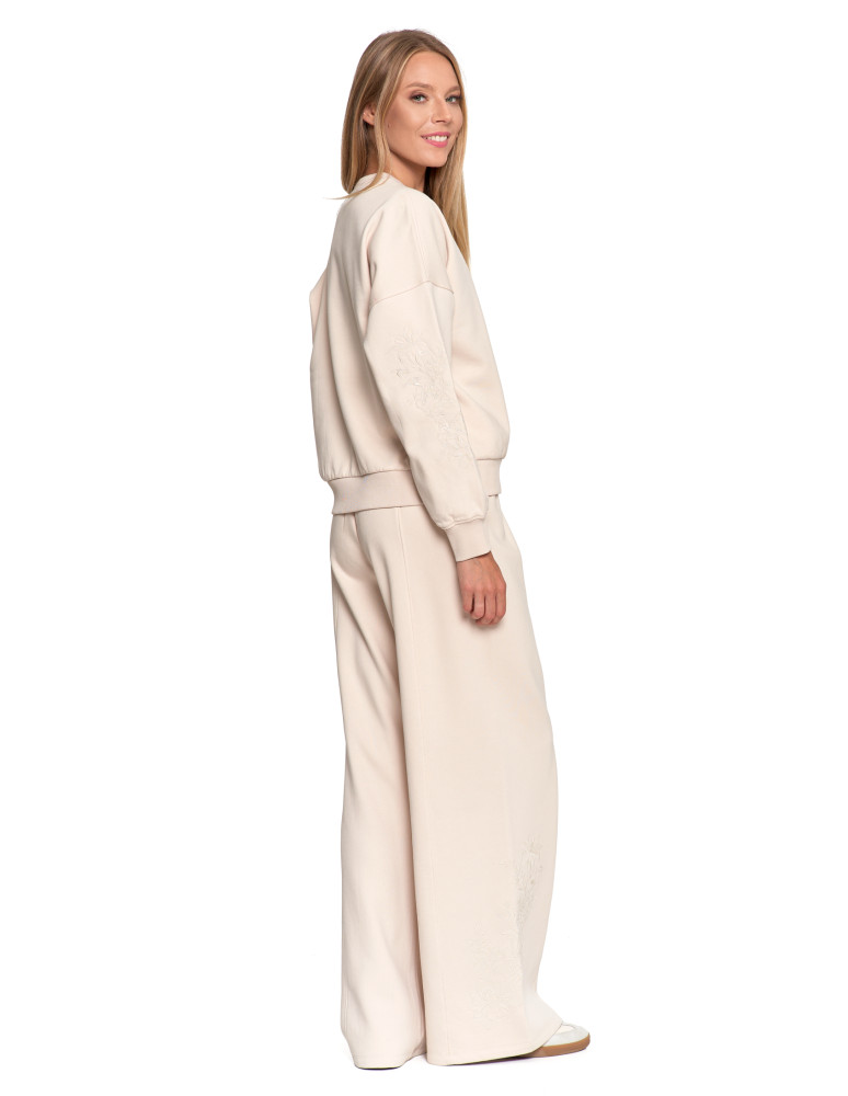 Bluzy - Bluza dresowa damska ocieplana luźna z haftowanymi rękawami KREMOWY - produkt moraj.pl 4