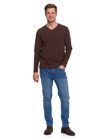 Koszulki, topy, koszule - Koszulka męska longsleeve z dekoltem w serek i haftem BRĄZOWY - produkt 1