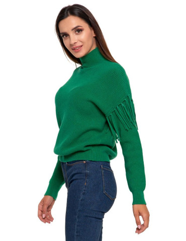 Swetry - Sweter damski półgolf z frędzlami ZIELONY - produkt 5