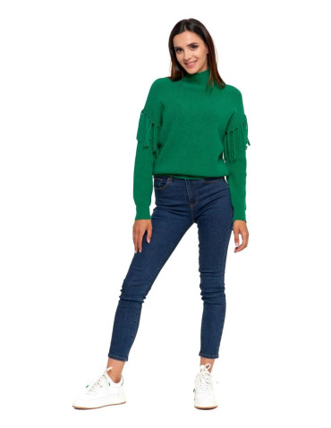 Swetry - Sweter damski półgolf z frędzlami ZIELONY - produkt 8