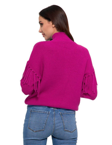 Swetry - Sweter damski półgolf z frędzlami RÓŻOWY - produkt 2