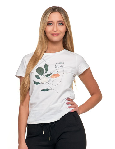 Koszulki i topy - Koszulka damska T-shirt z wzorem twarzy i kwiatkiem Slimfit BIAŁY - produkt 1