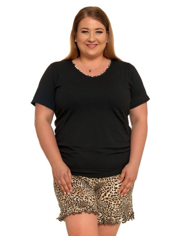 Krótki rękaw - Piżama damska bawełniana krótka w panterkę Plus Size BEŻOWY - produkt 1