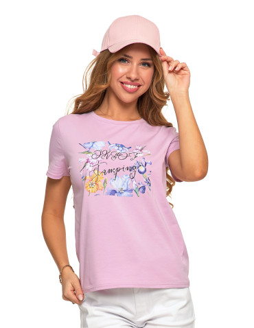 Bluzki i koszule - Koszulka damska T-shirt w kwiatowy wzór z perełkami RÓŻOWY - produkt 1