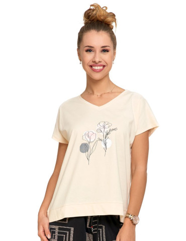 Koszulki i topy - Koszulka damska T-shirt oversize w kwiatowy motyw KREMOWY - produkt 1