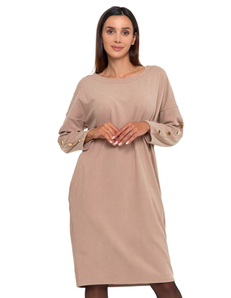 Sukienki - Sukienka damska cosy z rękawem 7/8 BEŻOWY - produkt moraj.pl 2