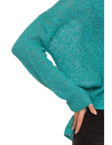 Swetry - Sweter damski ażurowy cienki z długim rękawem TURKUSOWY - produkt 2