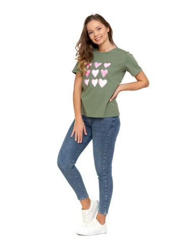 Koszulki i topy - Koszulka damska T-shirt o regularnym kroju z serduszkami KHAKI - produkt 5