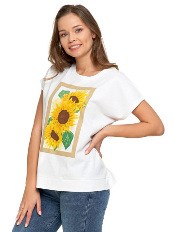 Koszulki i topy - Koszulka damska T-shirt oversize ze słonecznikami BIAŁY - produkt 2