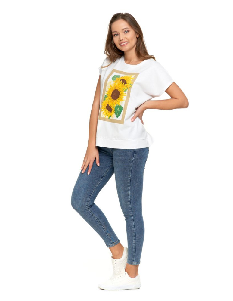 Koszulki i topy - Koszulka damska T-shirt oversize ze słonecznikami BIAŁY - produkt moraj.pl 5