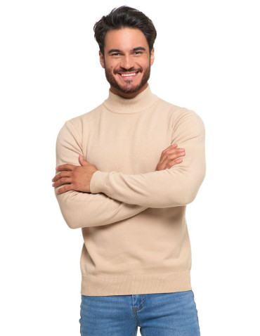 Swetry - Sweter męski półgolf o klasycznym kroju BEŻOWY - produkt 3