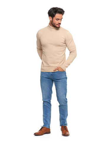 Swetry - Sweter męski półgolf o klasycznym kroju BEŻOWY - produkt 5
