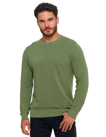 Swetry - Bawełniany sweter męski elegancki z okrągłym dekoltem ZIELONY - produkt 1
