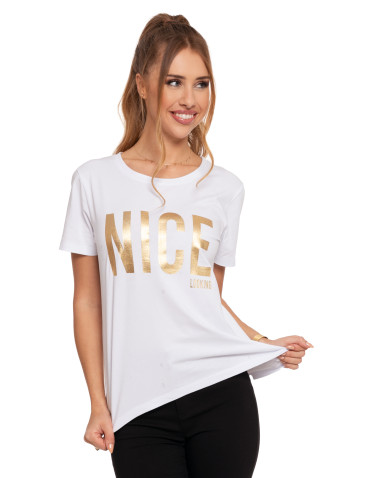 Koszulki i topy - Koszulka T-shirt damski z błyszczącym nadrukiem BIAŁY - produkt 1