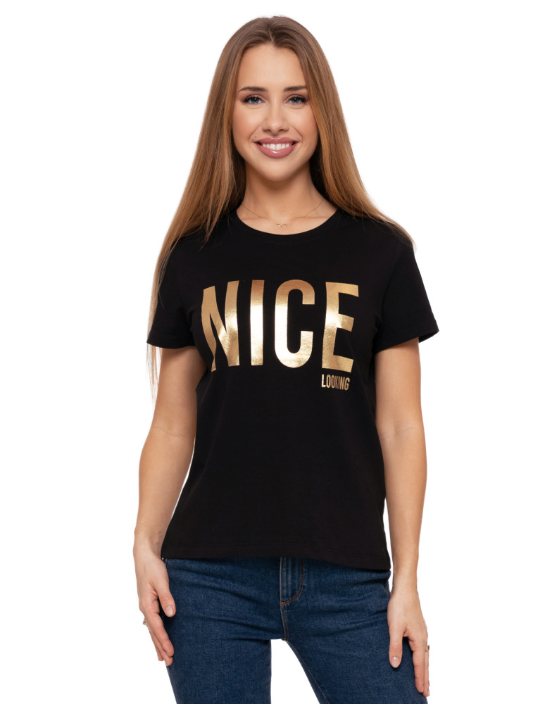 Koszulki i topy - Koszulka T-shirt damski z błyszczącym nadrukiem CZARNY - produkt moraj.pl 1