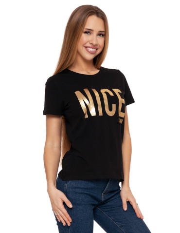 Koszulki i topy - Koszulka T-shirt damski z błyszczącym nadrukiem CZARNY - produkt 2