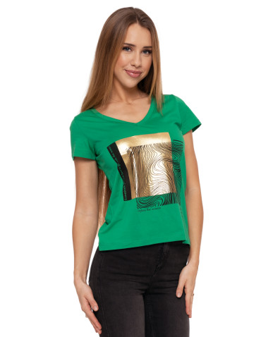 Koszulki i topy - T-shirt damski z dekoltem w serek i złotym nadrukiem ZIELONY - produkt 2