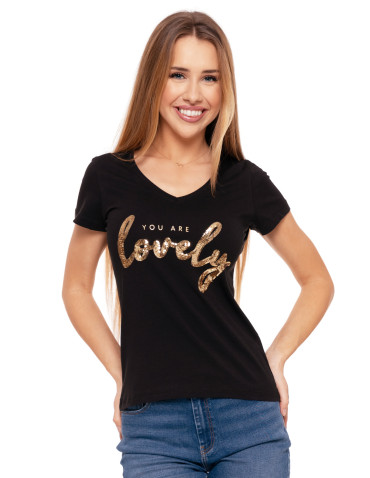 Koszulki i topy - T-shirt damski z dekoltem w serek i cekinami CZARNY - produkt 1