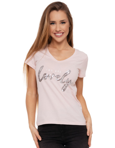 Koszulki i topy - T-shirt damski z dekoltem w serek i cekinami RÓŻOWY - produkt 1
