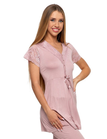 Krótki rękaw - Elegancka piżama damska wiskozowa z koronkowym rękawem POMARAŃCZOWY - produkt 3