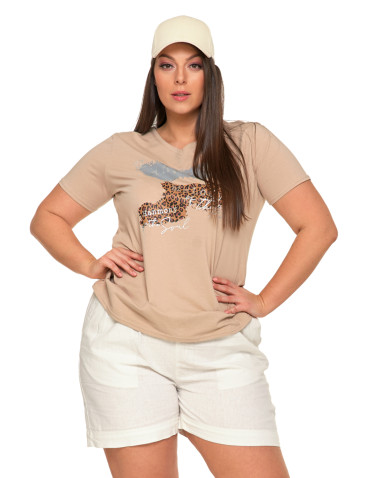 Koszulki i topy - Koszulka damska T-shirt z dekoltem V i nadrukiem w panterkę BEŻOWY - produkt 1