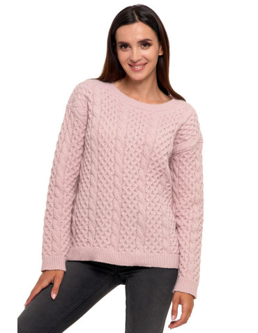 Swetry - Ciepły sweter damski ze splotem warkoczowym RÓŻOWY - produkt 1