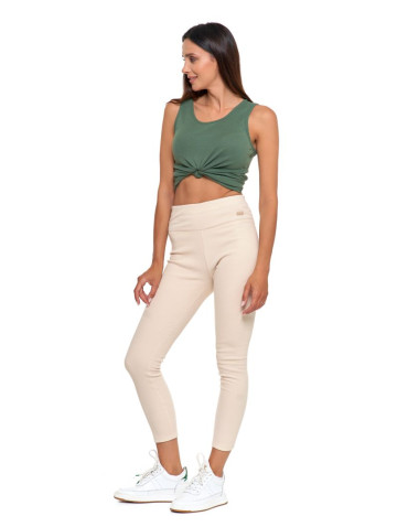 Legginsy - Prążkowane legginsy damskie z wysokim stanem ocieplane BEŻOWY - produkt 1