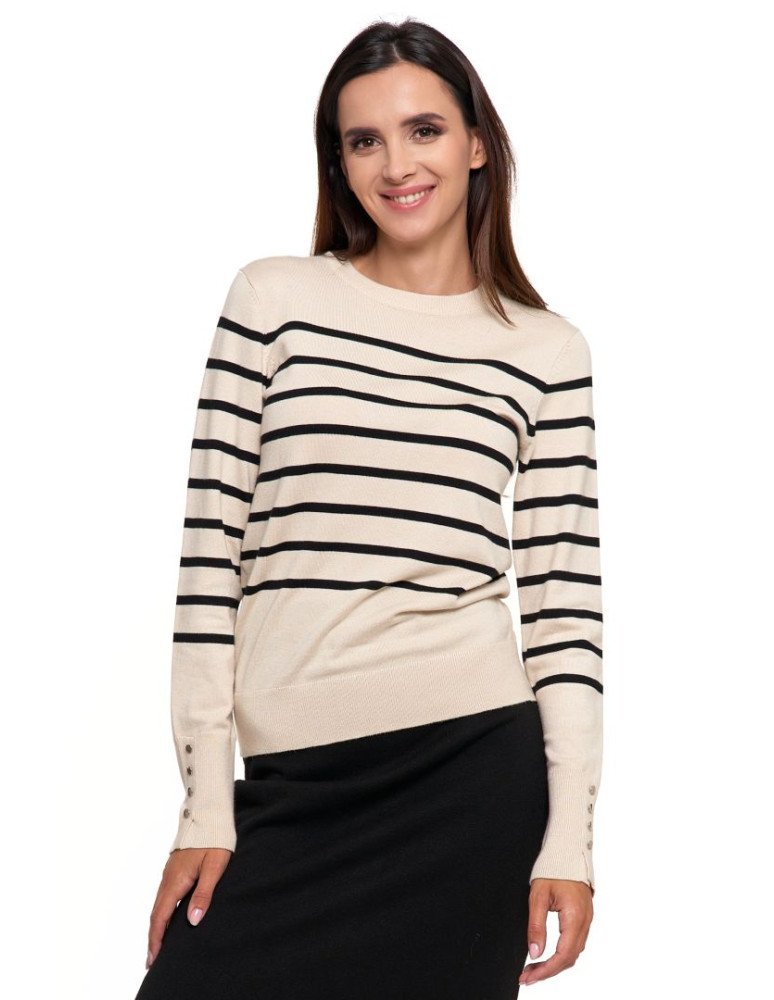 Swetry - Damski sweter w paski dzianinowy z ozdobnymi guzikami KREMOWY - produkt moraj.pl 1