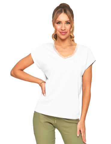 Koszulki i topy - Koszulka damska T-shirt oversize z dekoltem w serek BIAŁY - produkt 1