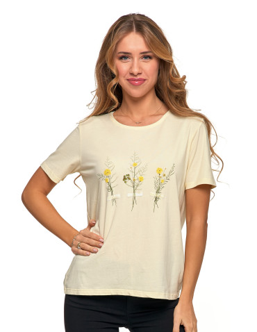Koszulki i topy - Koszulka damska krótki rękaw bawełniana wzór kwiaty T-shirt ŻÓŁTY - produkt 1