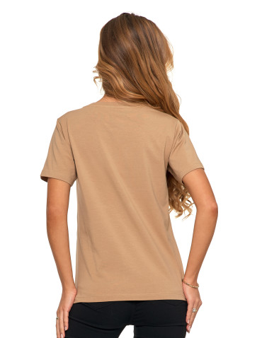Koszulki i topy - Koszulka damska bawełna Premium T-shirt dekolt w serek BEŻOWY - produkt 2