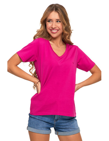 Koszulki i topy - Koszulka damska bawełna Premium T-shirt dekolt w serek FUKSJA - produkt 1