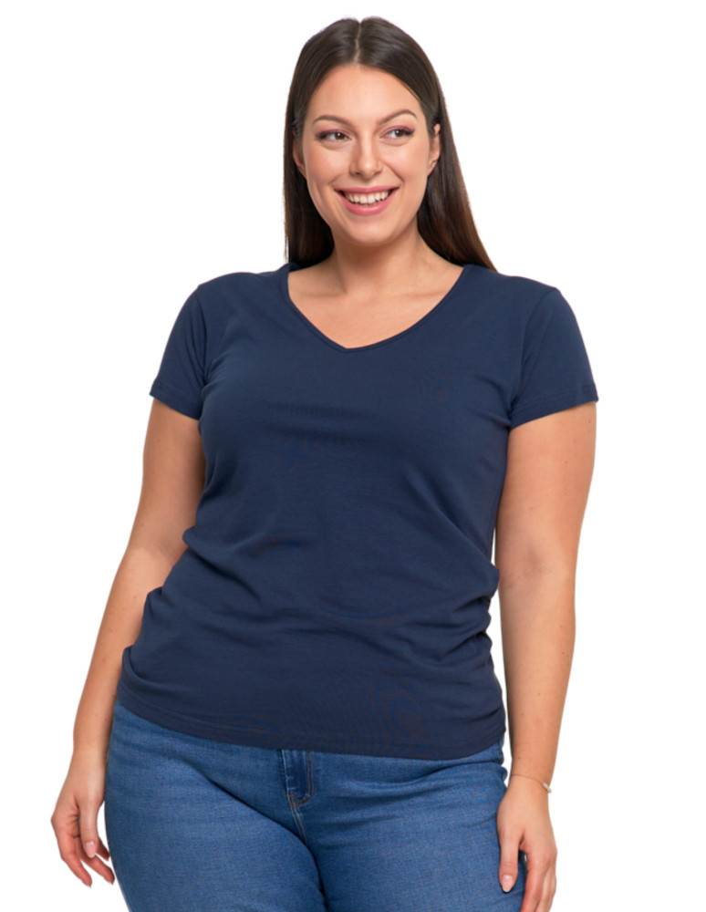 Koszulki i topy - T-shirt damski bawełniany z dekoltem V Plus Size GRANATOWY - produkt moraj.pl 1