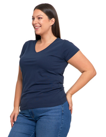 Koszulki i topy - T-shirt damski bawełniany z dekoltem V Plus Size GRANATOWY - produkt 3