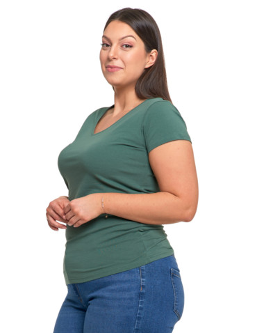 Koszulki i topy - T-shirt damski bawełniany z dekoltem V Plus Size KHAKI - produkt 3