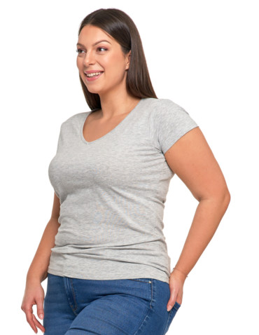 Koszulki i topy - T-shirt damski bawełniany z dekoltem V Plus Size JASNY SZARY - produkt 2