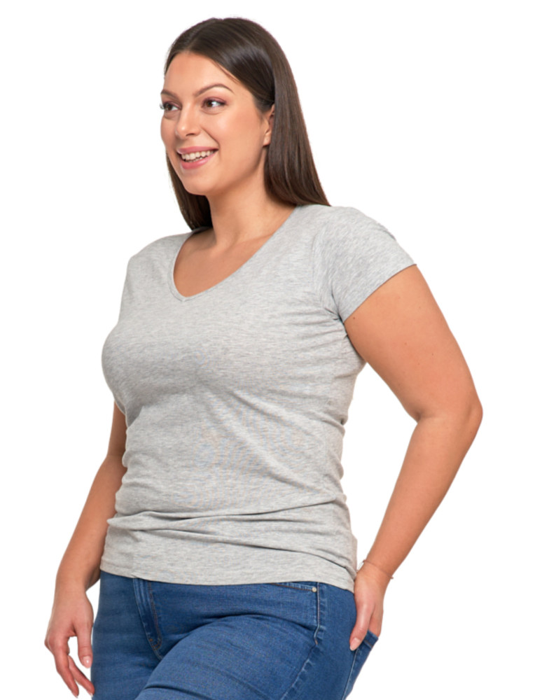 Koszulki i topy - T-shirt damski bawełniany z dekoltem V Plus Size JASNY SZARY - produkt moraj.pl 2