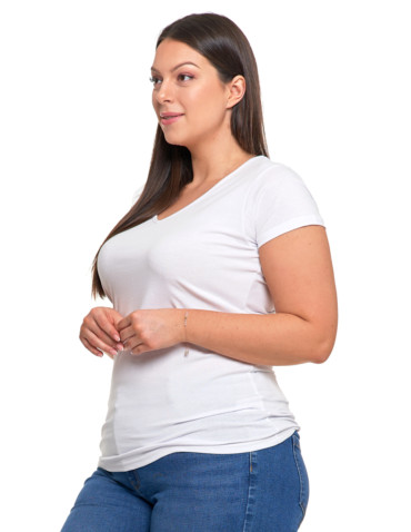Koszulki i topy - T-shirt damski bawełniany z dekoltem V Plus Size BIAŁY - produkt 2