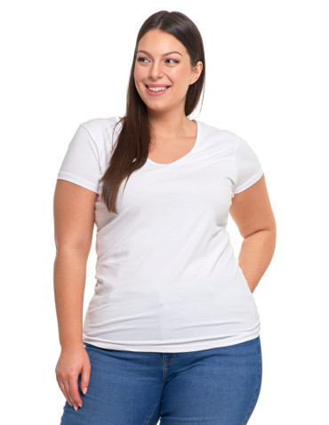 Koszulki i topy - T-shirt damski bawełniany z dekoltem V Plus Size BIAŁY - produkt 3