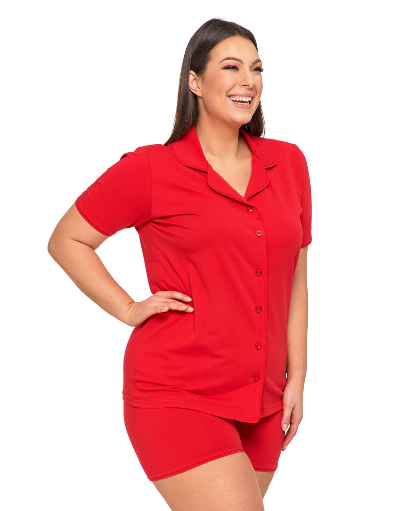 Krótki rękaw - Piżama damska dwuczęściowa rozpinana krótka Plus Size CZERWONY - produkt moraj.pl 3