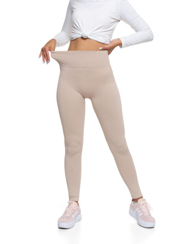 Legginsy - Legginsy damskie z wysokim stanem prążkowane sportowe BEŻOWY - produkt 5