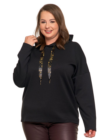 Bluzy - Luźna damska bluza z kapturem ze złotym zdobieniem CZARNY - produkt 1