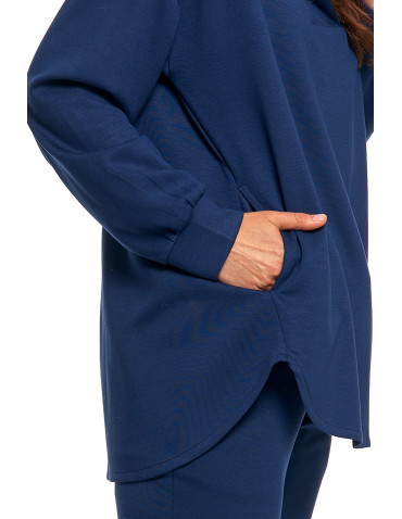 Bluzy - Damska bluza oversize z kapturem i dekoltem w serek GRANATOWY - produkt 4