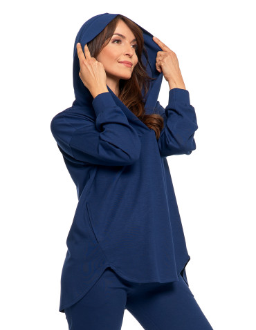 Bluzy - Damska bluza oversize z kapturem i dekoltem w serek GRANATOWY - produkt 5