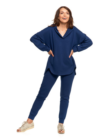 Bluzy - Damska bluza oversize z kapturem i dekoltem w serek GRANATOWY - produkt 9