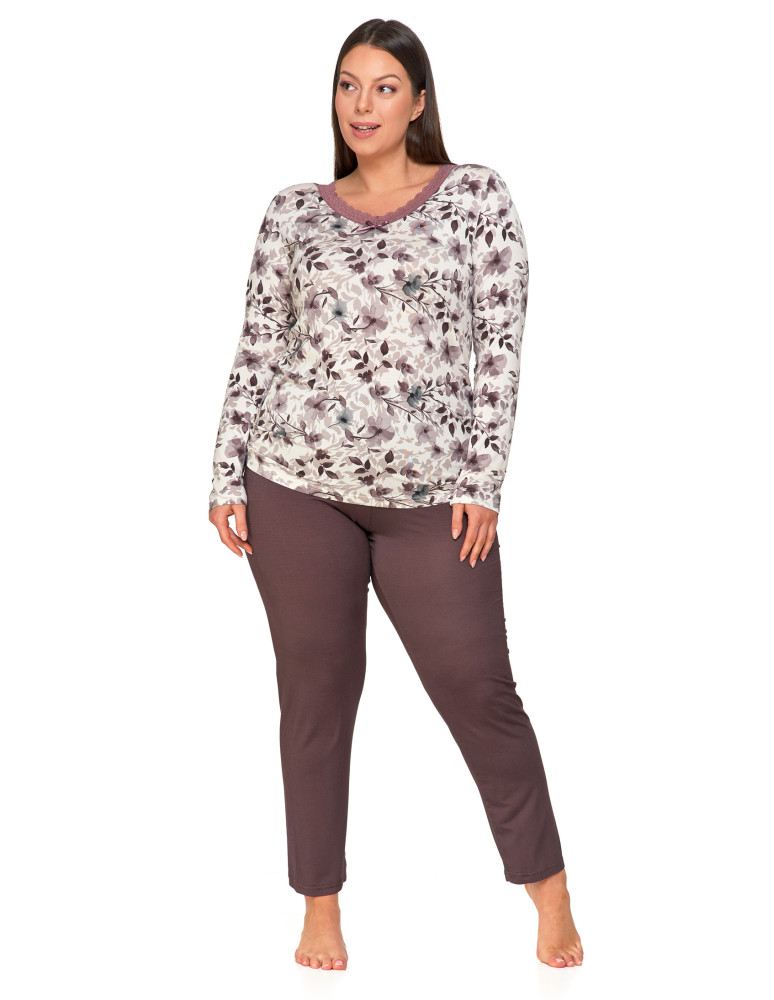 Długi rękaw - Damska piżama Plus Size z kwiatową buzką i długimi spodniami BEŻOWY - produkt moraj.pl 3