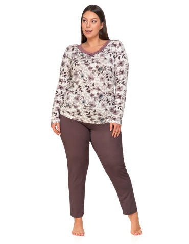 Długi rękaw - Damska piżama Plus Size z kwiatową buzką i długimi spodniami BEŻOWY - produkt 5
