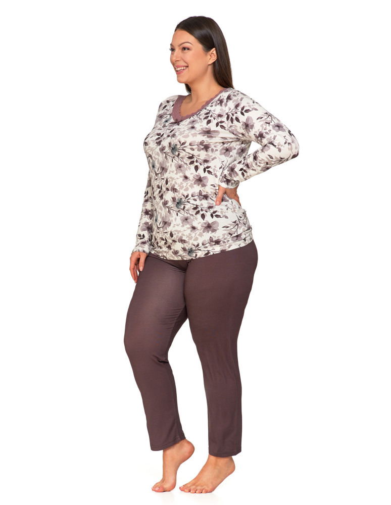 Długi rękaw - Damska piżama Plus Size z kwiatową buzką i długimi spodniami BEŻOWY - produkt moraj.pl 1